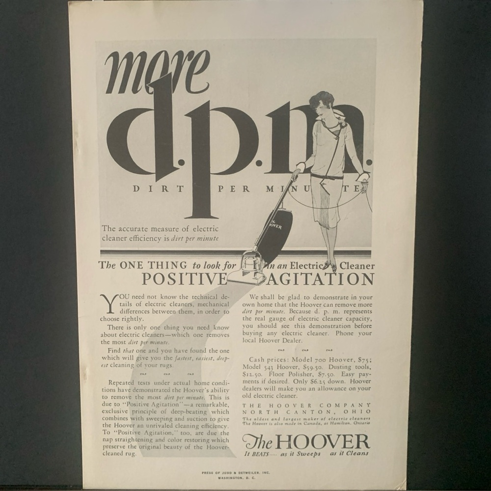Vintage 1928 Hoover More DPM Dirt Per Minute Ad Advertisement